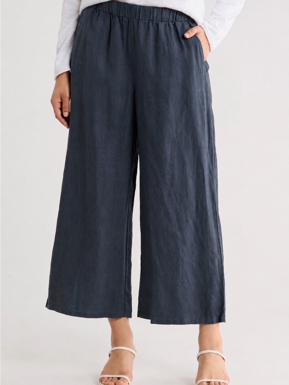 Eileen Fisher Washed Black Organic Linen Wide-Leg Crop Pants — Size L